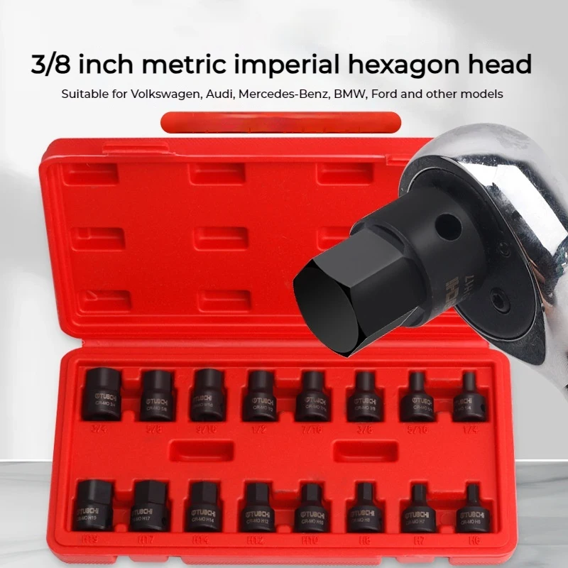 3/8 Inch Drive Low Profile Impact Hex Driver Set SAE/Metric 1/4-3/4 Inch 6-19mm Cr-Mo Steel Integrated Construction Hand Tool