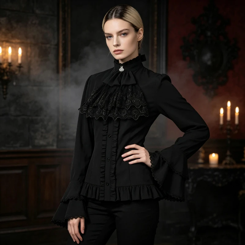 Medieval Women Gothic Victorian Lace Ruffle Blouse High Neck Bell Long Sleeve Vintage Noble Renaissance Masquerade Cosplay Top