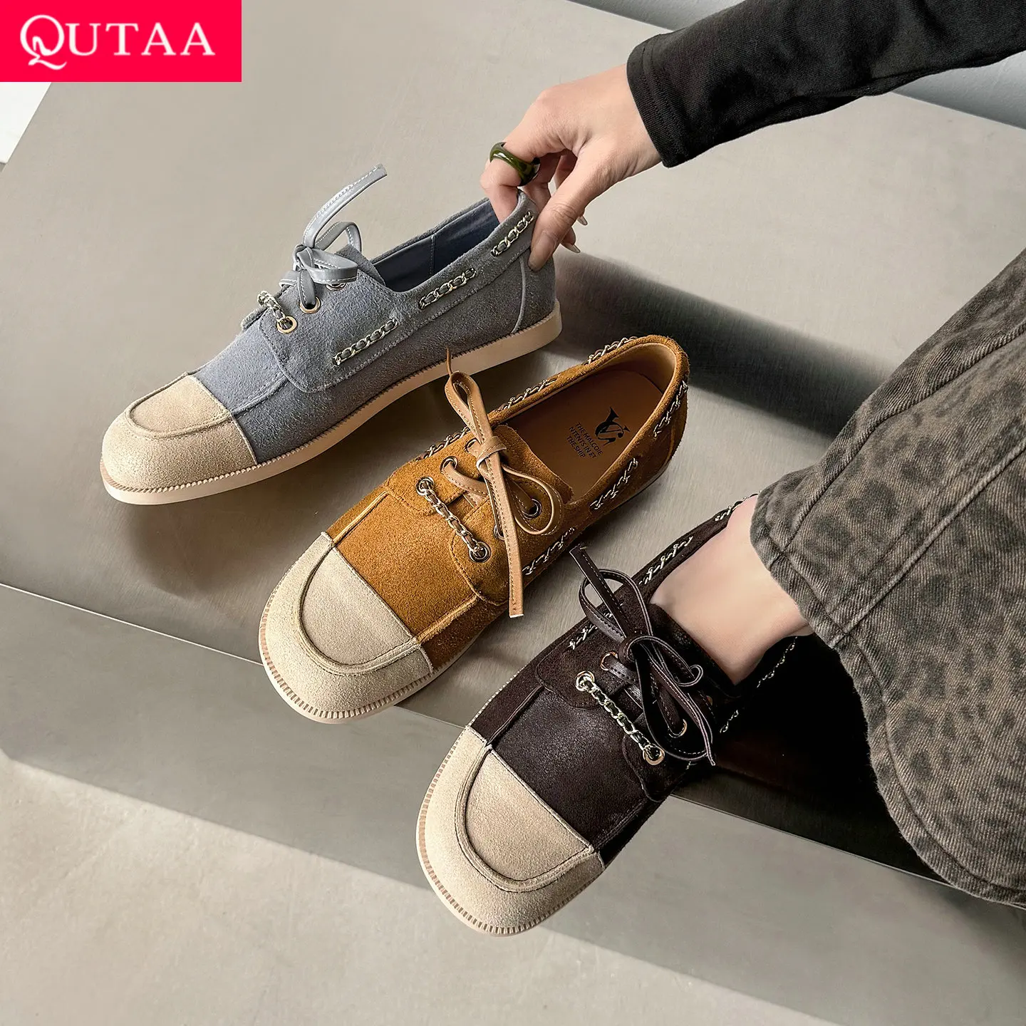 

QUTAA 2026 Fashion Women Flats Shoes Kid Suede Woman Spring Sheepskin Casual Lace-up Loafers Shoes Square Toe Ladies Dress 34-42