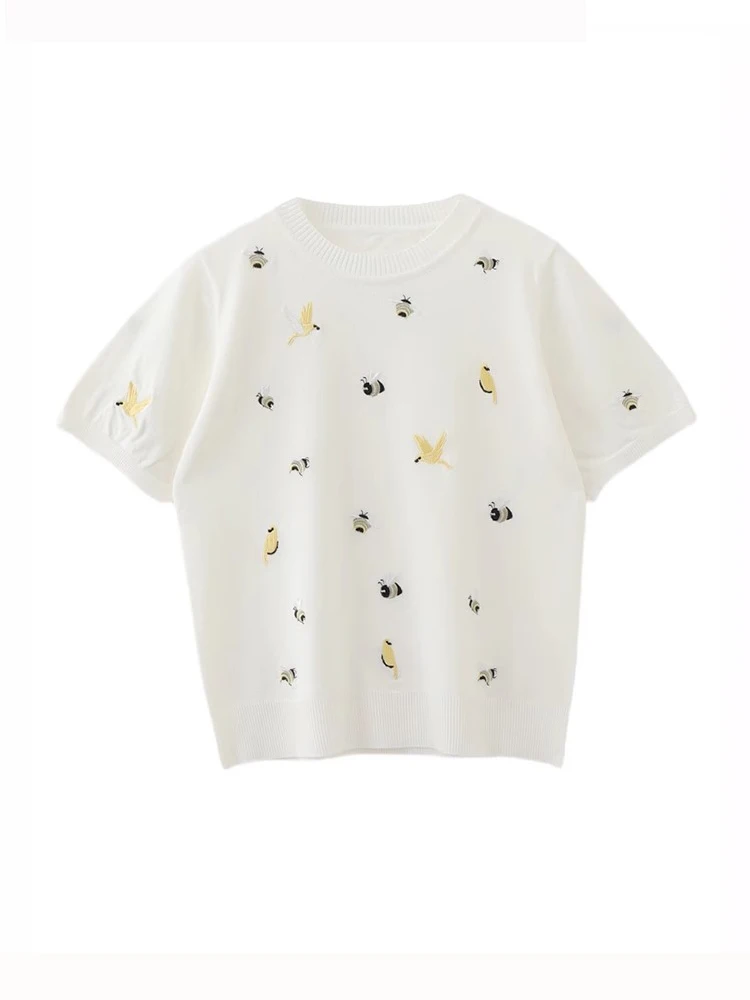 Factory Direct Summer New Style Round Neck Bird Embroidery Short Sleeve T Shirt Women Casual Comfortable T-shirt B-001 image 2