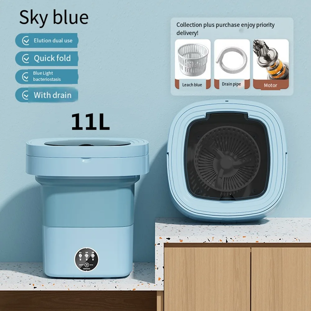 

Ultrasonic Folding Portable Washing Machine 6L 11L Big Capacity with Spin Dryer Bucket for Clothes Travel Home Underwear Socks