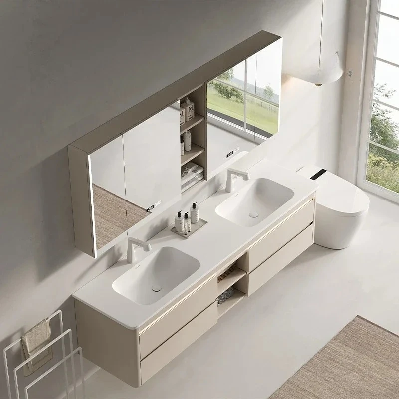 

Rock slab hot bending integrated basin stainless steel bathroom cabinet combination double basin washstand designer high-end