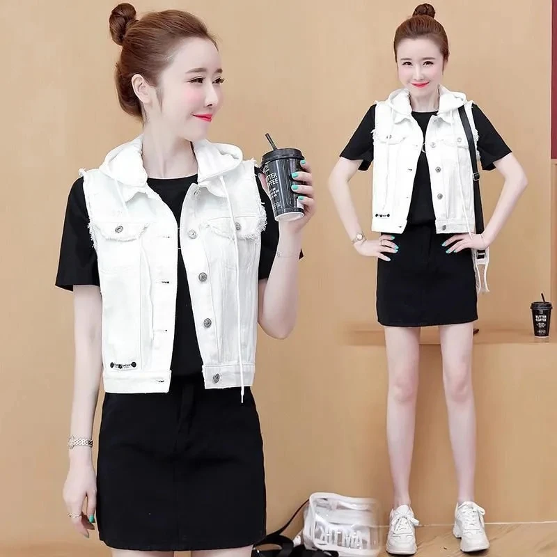 

Women's Denim Vest Hooded White Short Waistcoat Summer New Casual Junior Outerwear Women Clothes Single Breasted Jacket Top 2024