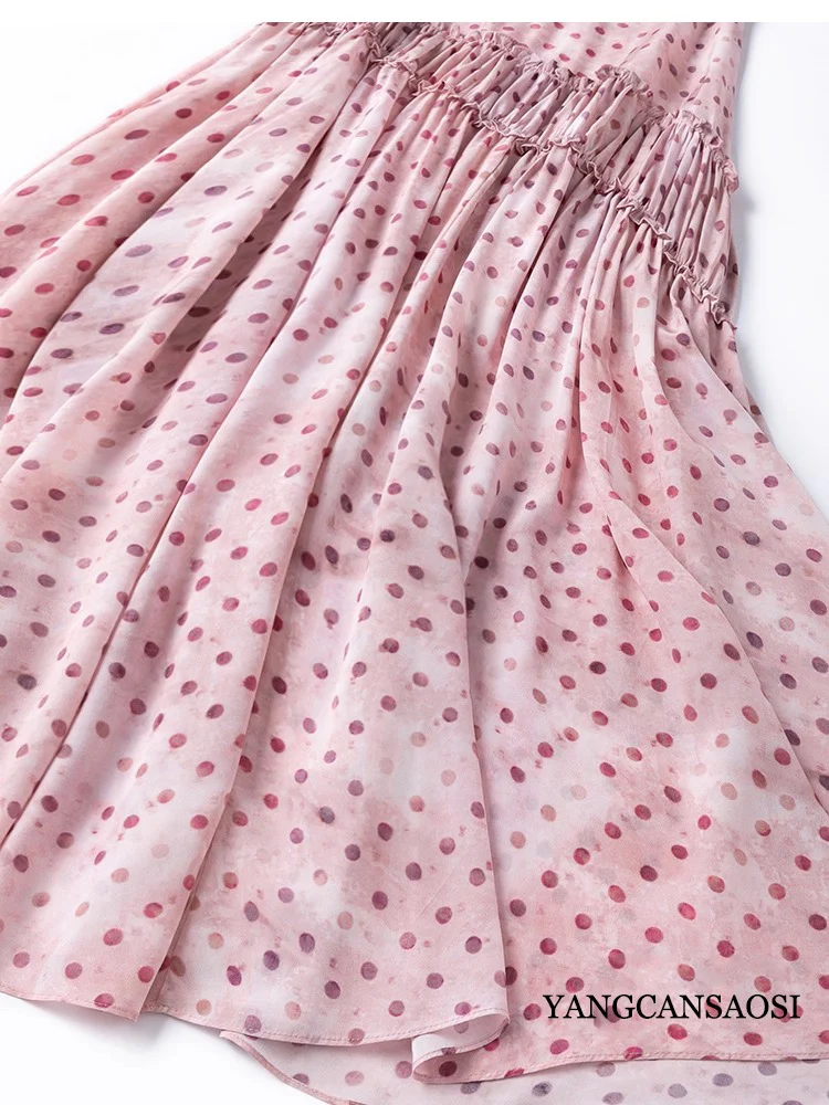 3.2m Large Swing Artistic Tie Dye Pink Polka Dots 100% Natural Mulberry Silk Crepe De Chine Sloping Waist Vacation Style Dress