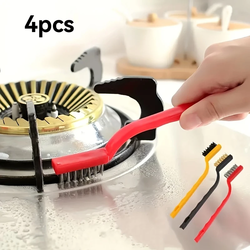 4pcs Wire Brush Set,For Rust Removal,Stain Removal,Gas Stove Brush,Multi-functional Kitchen Tool,Fiber Brush,Iron Brush,Cleaning