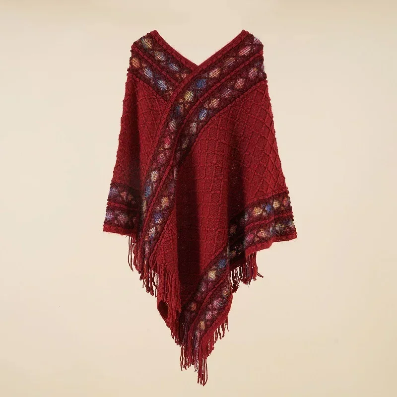 Poncho Spring  Autumn New Pullover Cloak Ethnic Style Cape Outwear Tourism Holiday Photo Leisure Fashion Women Rhombus Red