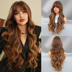 7JHH WIGS Synthetic Loose Body Wave Brown Blonde Wigs with Neat Bangs High Density Long Wavy Hair Wig for  Women Daily Use