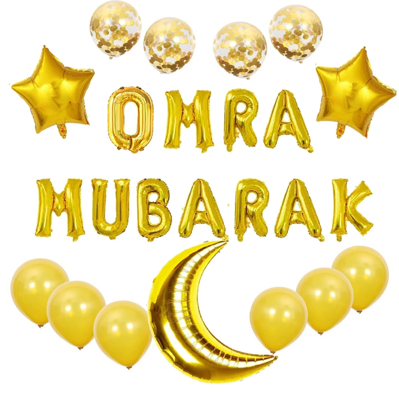 24pcs Gold Omra Mubarak Star Moon Latex Aluminum Foil Balloon Combination Eid Mubarak Muslim Home DIY Festival Party Decor