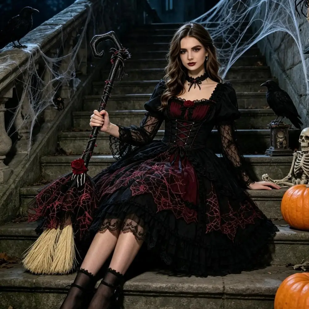 Decorative Plastic Broomstick Halloween Theme Party Supplies Halloween Witch Broom with Black Tulle Rose Skeleton Hand for Party