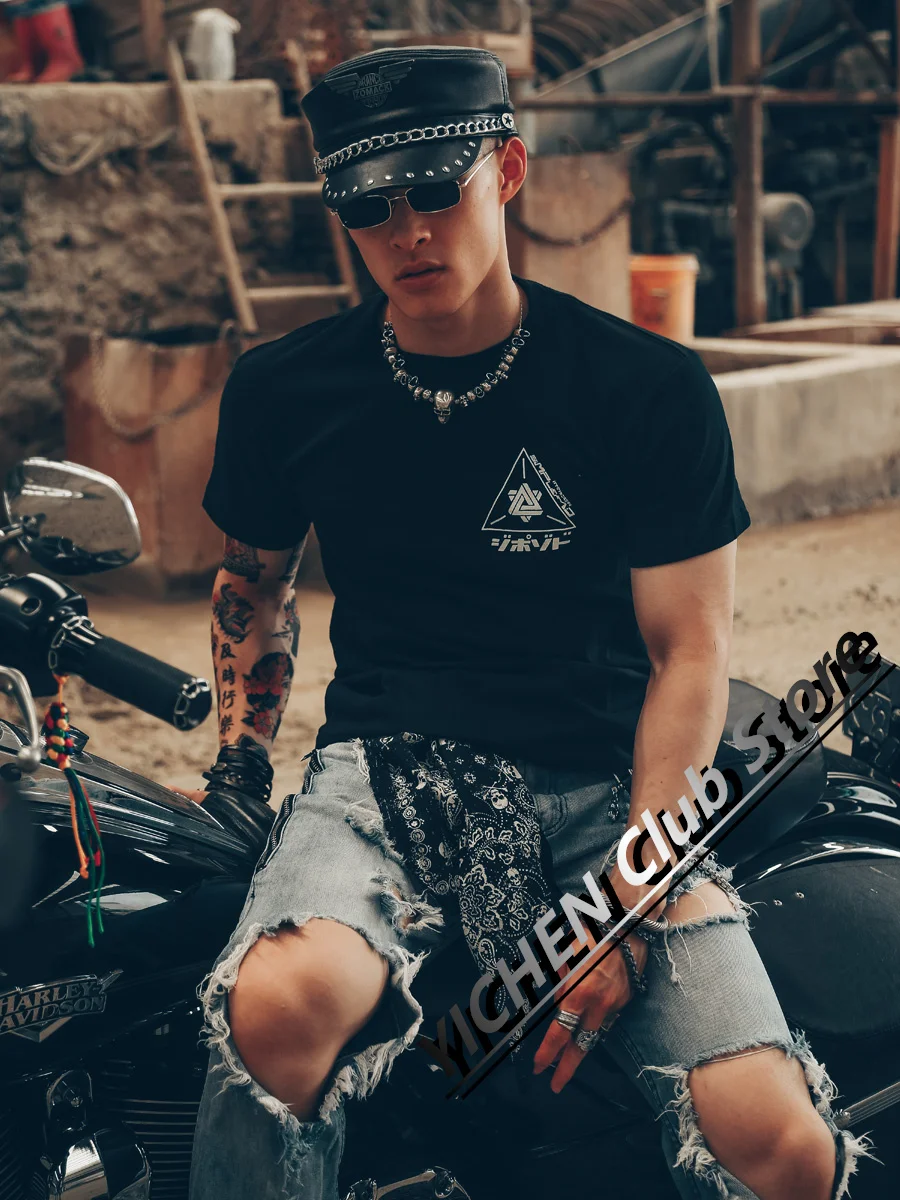 

European And American Style Skull Street West Coast Motorcycle Riding Rider Moto Pure Cotton Men's Short-Sleeved T-Shirt