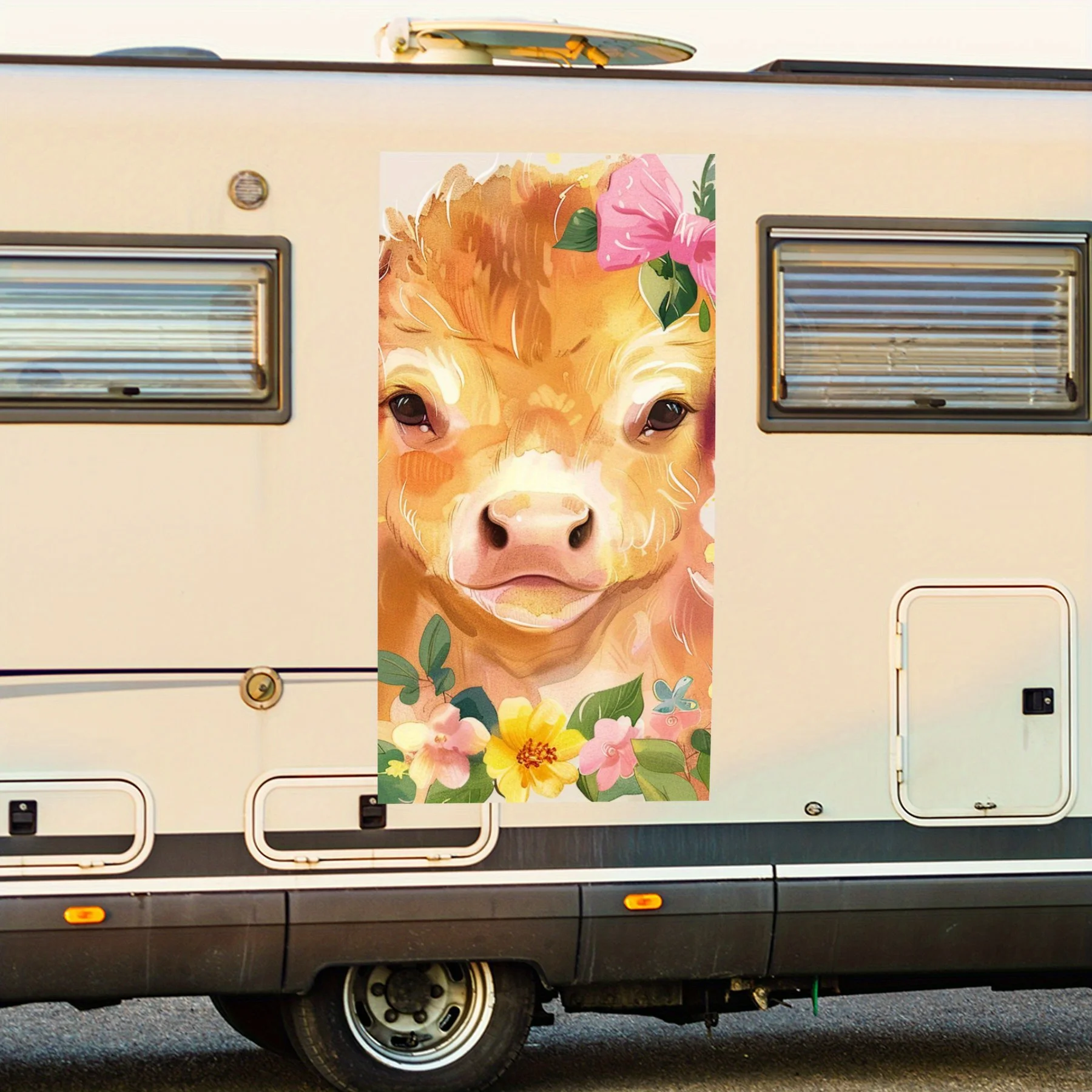 

Cute Highland Cow Flower Motorhome Car Door Sticker PVC Self Waterproof Stick, Striking Auto Exterior Accessories Decor Protect