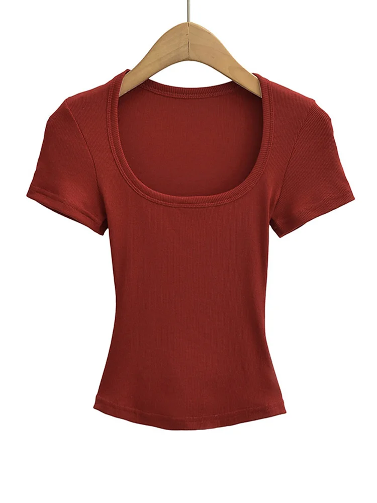 Women's Slim Fit Square Collar Crop Top High Stretch Short Sleeve Pullover Sexy Summer Blouse T-shirt for Bottoming
