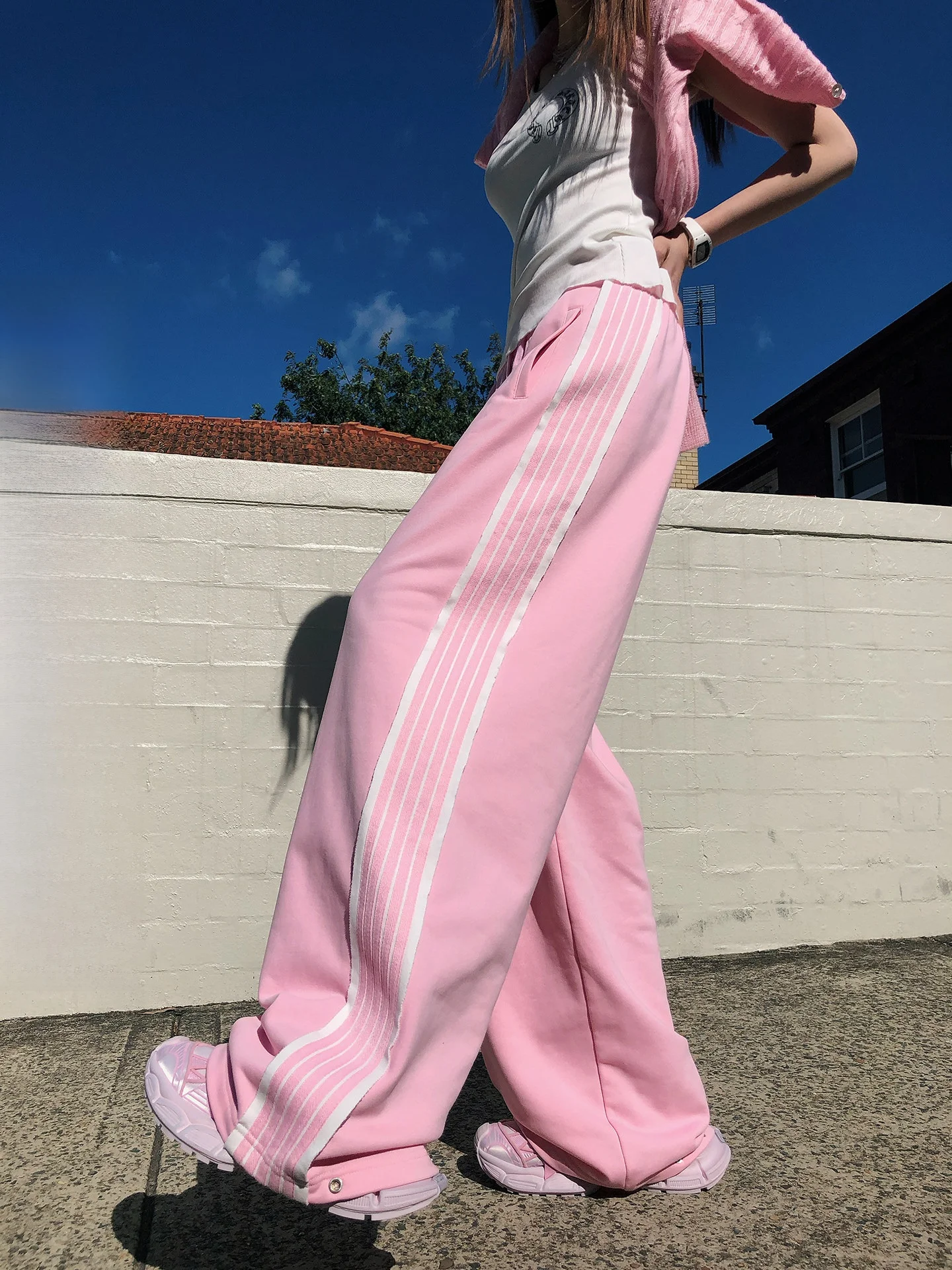 

LILILIWJ Striped Wide Leg Casual Pants 60 Cotton Korean Style Side Vertical Color Block Leisure Trousers for Women