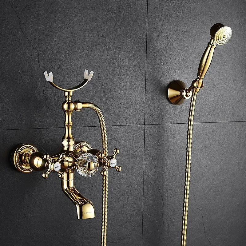 Gold luxury bathtub faucet wall mounted with handheld shower head