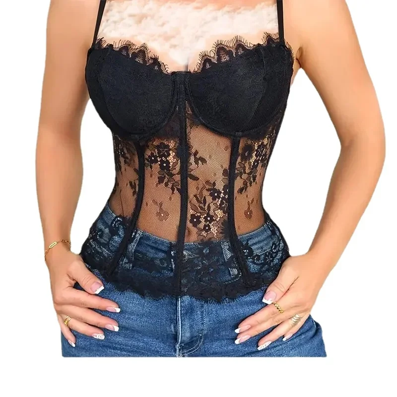 

New explosive European and American spice girls sexy lace perspective fishbone eyelashes slimming vest woman