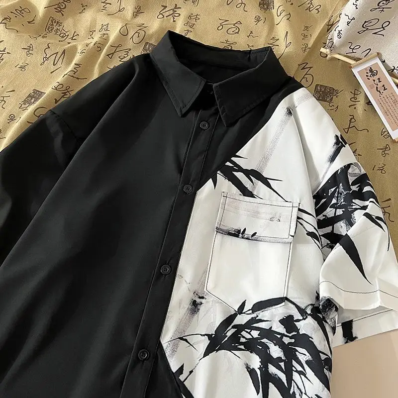 New Chinese Style Ice Silk Short Sleeve Shirt Men's Summer Thin Loose National Style Trend Brand Patchwork Coat