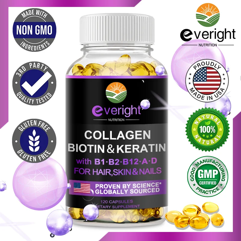 Biotin Capsules with Hyaluronic Acid, Collagen Keratin Supplement for Hair Growth Nails and Skin Antioxidant Health