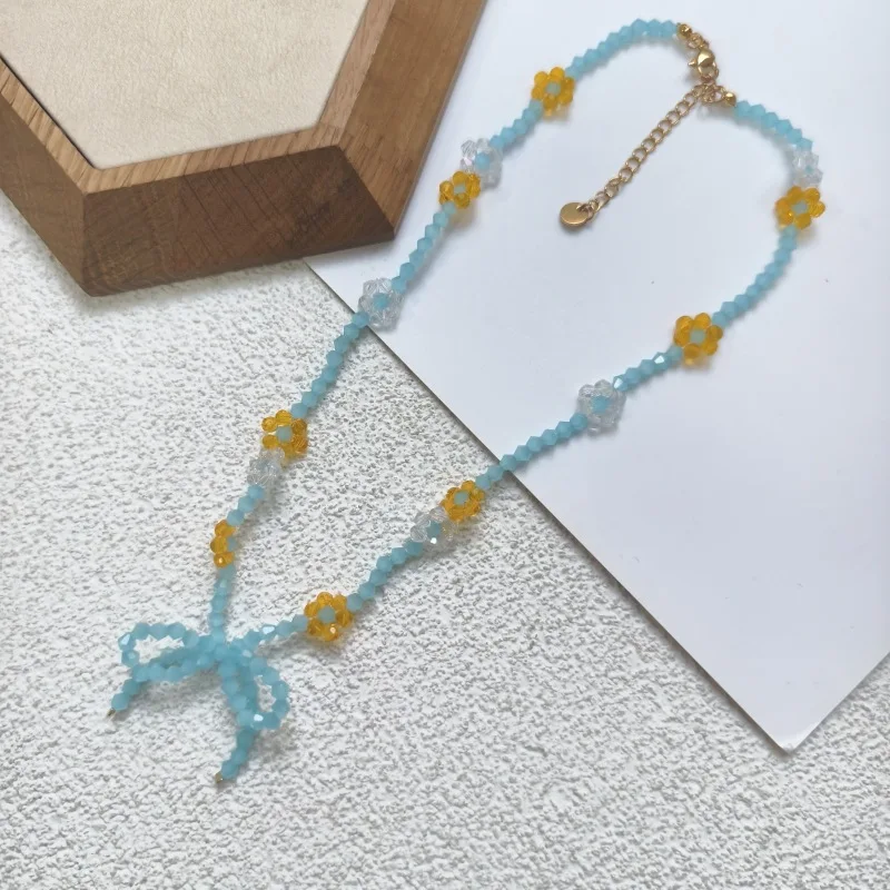 

Cute Sweet Blue Glass Beaded Necklace Niche High-end Bow Braided Flower Handmade Clavicle Chain Neck Necklace Couple Necklace