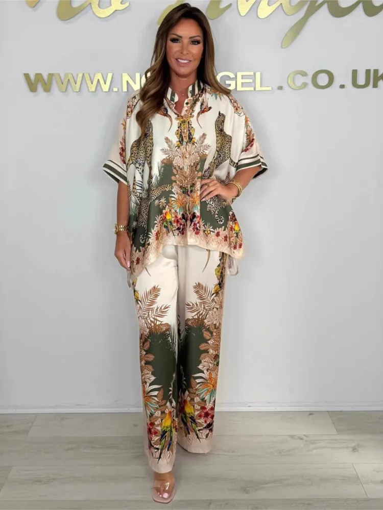 الصيف موضة عادية الساتان طباعة المرأة الخفافيش قميص مجموعة المرأة الساتان مجموعة جديدة أنيقة عادية فضفاض عطلة 2 قطعة مجموعة للمرأة