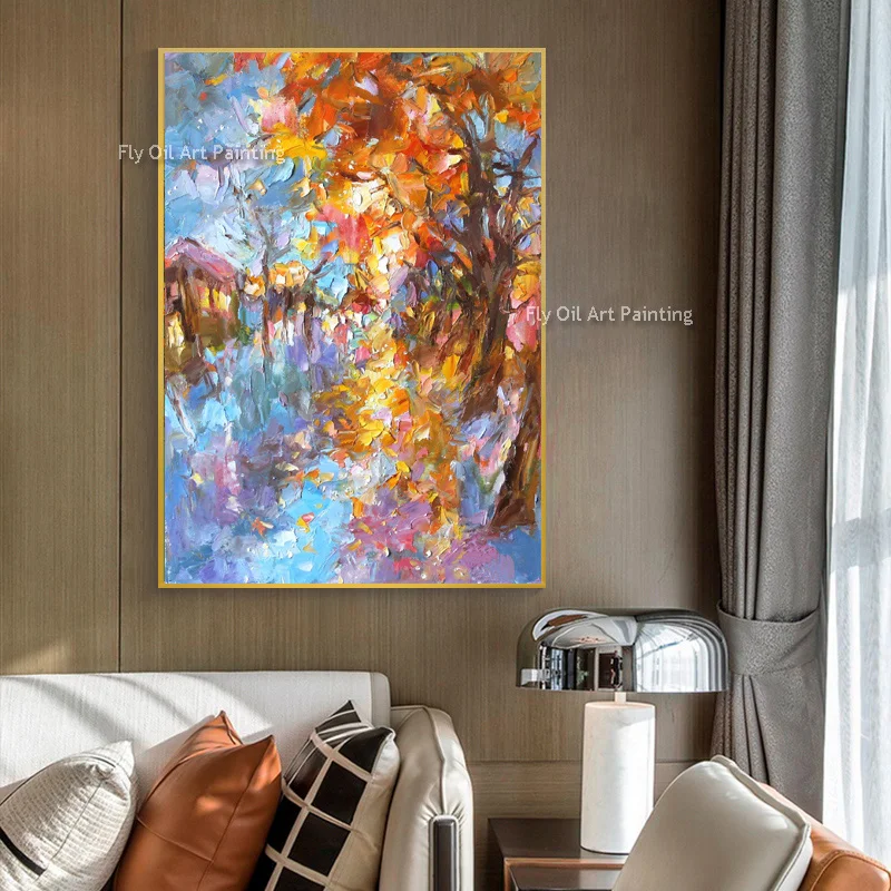 Vertical Hand-Painted Oil Painting, Thick Palette Knife Autumn Rural Path Art, Bright Fall Tree Landscape Canvas Wall Art