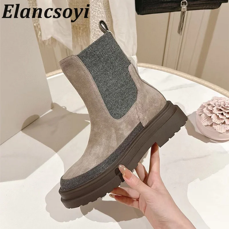 

Autumn Winter Knitted Elastic Short Booties Women Round Toe Cowhide Suede Metal Beads Mid Calf Boots Thick Soled Chelsea Boots