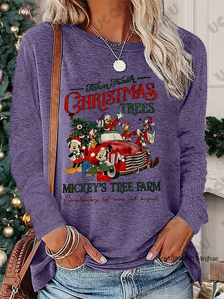 عيد الميلاد ميكي ميني ودونالد داك السيارات الحمراء طباعة الخريف طويلة الأكمام تي شيرت للنساء عادية تيز المتضخم زوجين القمم