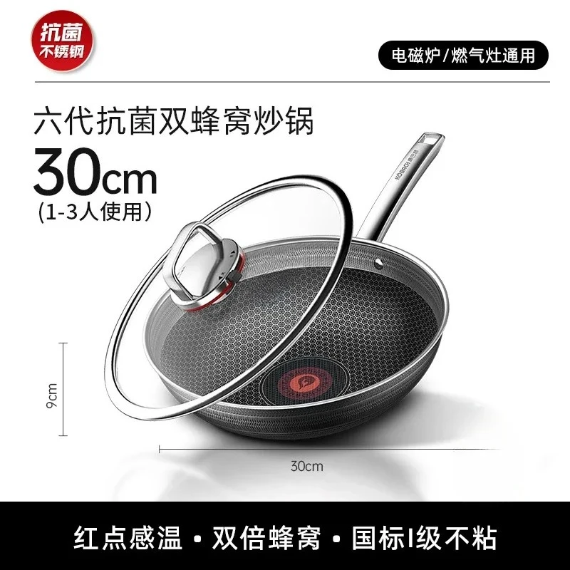 Sixth generation wok household non-stick pan stainless double honeycomb wok bottom red dot temperature sensing non-stick pan