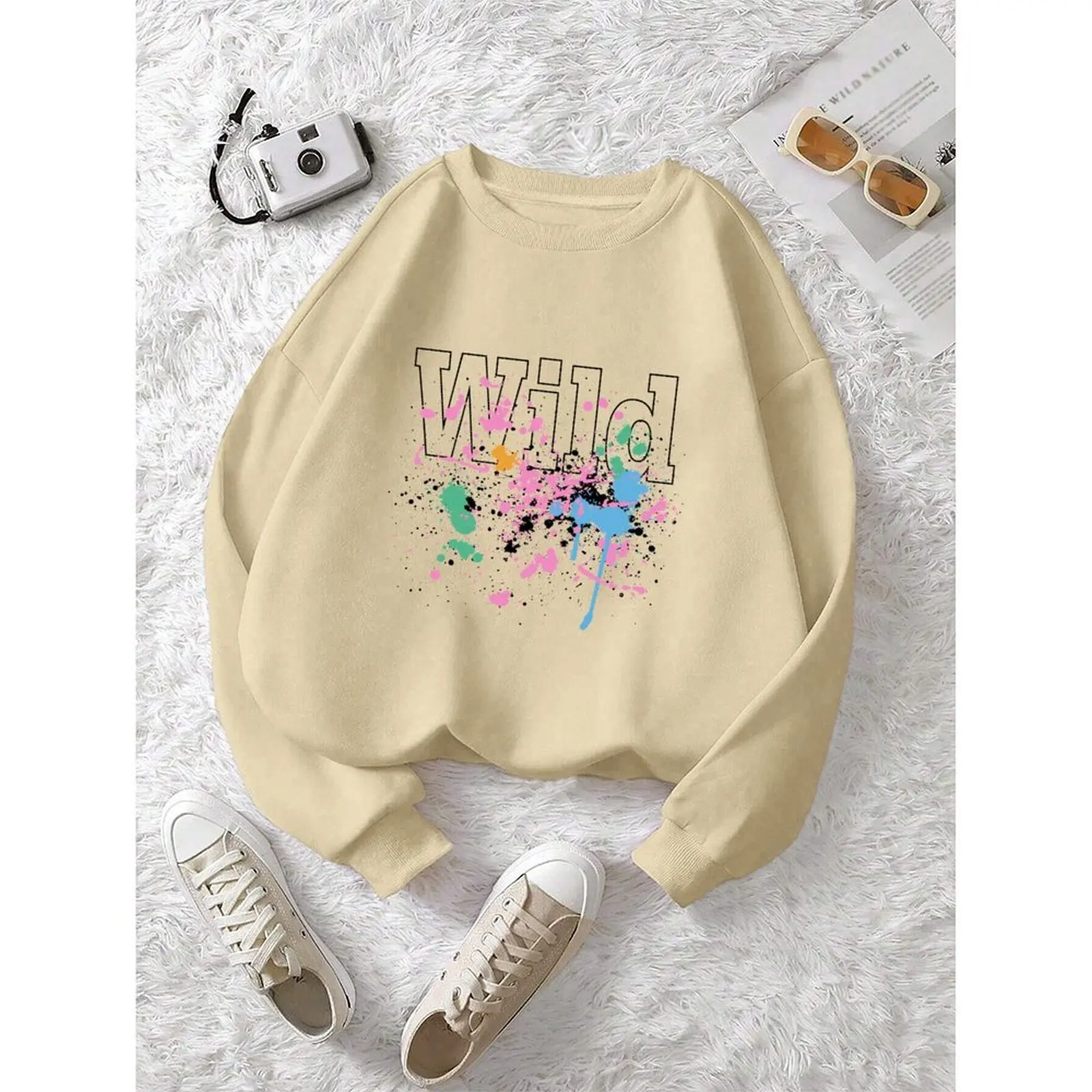 

Women's Sweater O Neck Sweatshirts Velvet Winter Casual Spray-painted Print Colorful Long-sleeved Pullovers Autumn Woman Clothes