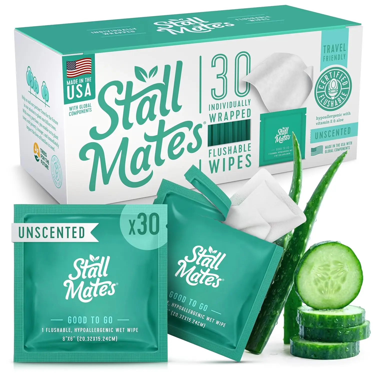 Flushable Wipes, Individually Wrapped, Travel Friendly, Unscented with Cucumber, Vitamin-E & Aloe, (30 on-the-go Singles)