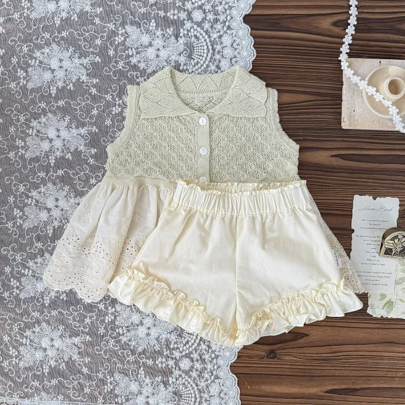 

2025 Summer Girls' New Polo Knitted Hollow Embroidered Lace Contrast Thin Tank Top