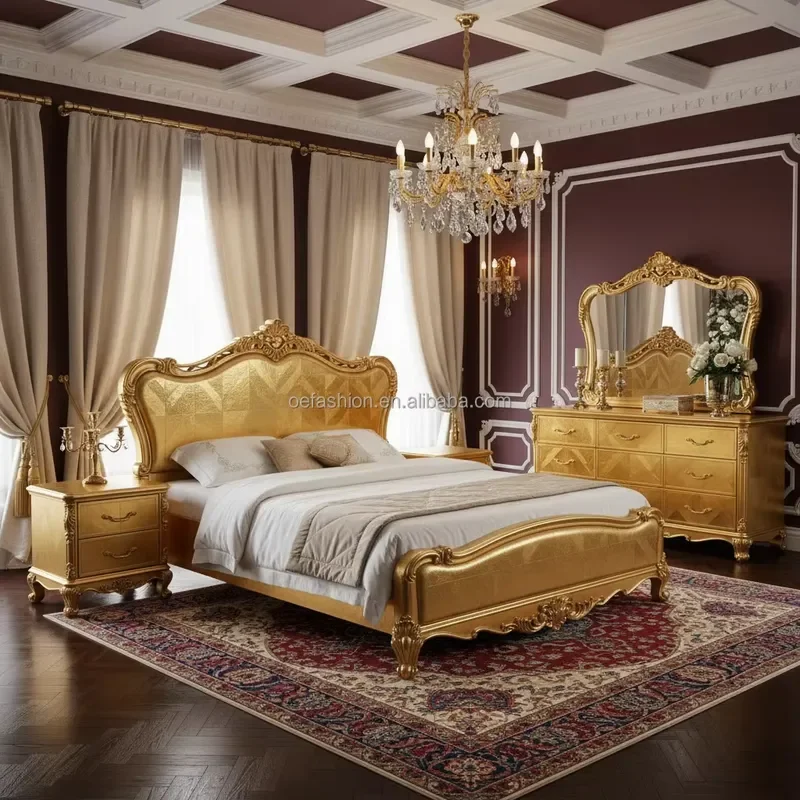 Luxury Antique Gold Foil King Bed Wardrobe Set Bedroom Furniture Hotel Villa Home Decor Elegant Classic Design High End Style