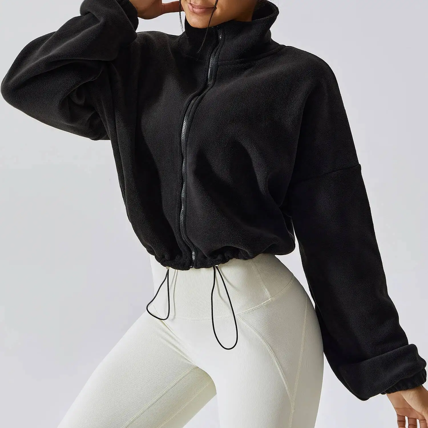 Women Crop Coat Plus Size Casual Fleece Jacket  Autumn Winter Sports Sweatshirt With Stand Collar Loose Lined Outerwear