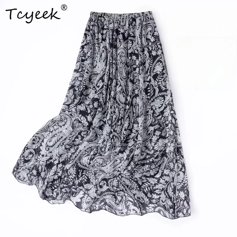 Tcyeek 100% Real Silk Skirts Women 2026 Spring Classic Vintage Flowing Two-layer Beach Skirt Female Clothing Faldas Para Mujeres