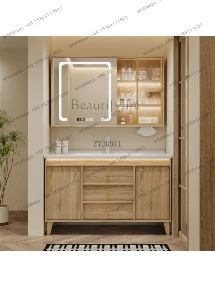 Floor-to-ceiling log color bathroom cabinet combination ceramic integrated face wash basin cabinet
