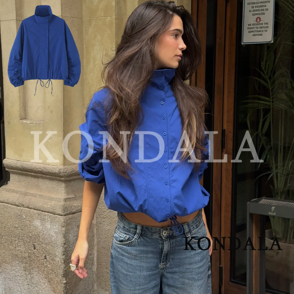 KONDALA Women Casual Deep Blue Buttons Jacket Street Style Chic Stand-Collar Lace-up Loose Jacket 2026 Early Fall Trendy Jacket