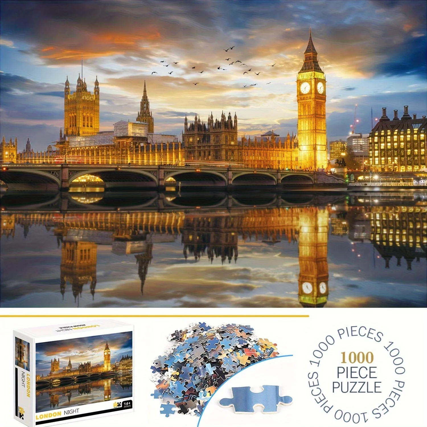 1000pcs London Night Skyline Jigsaw Puzzle - Big Ben & Thames River Thames - Challenging Large Jigsaw for Adults & Families -