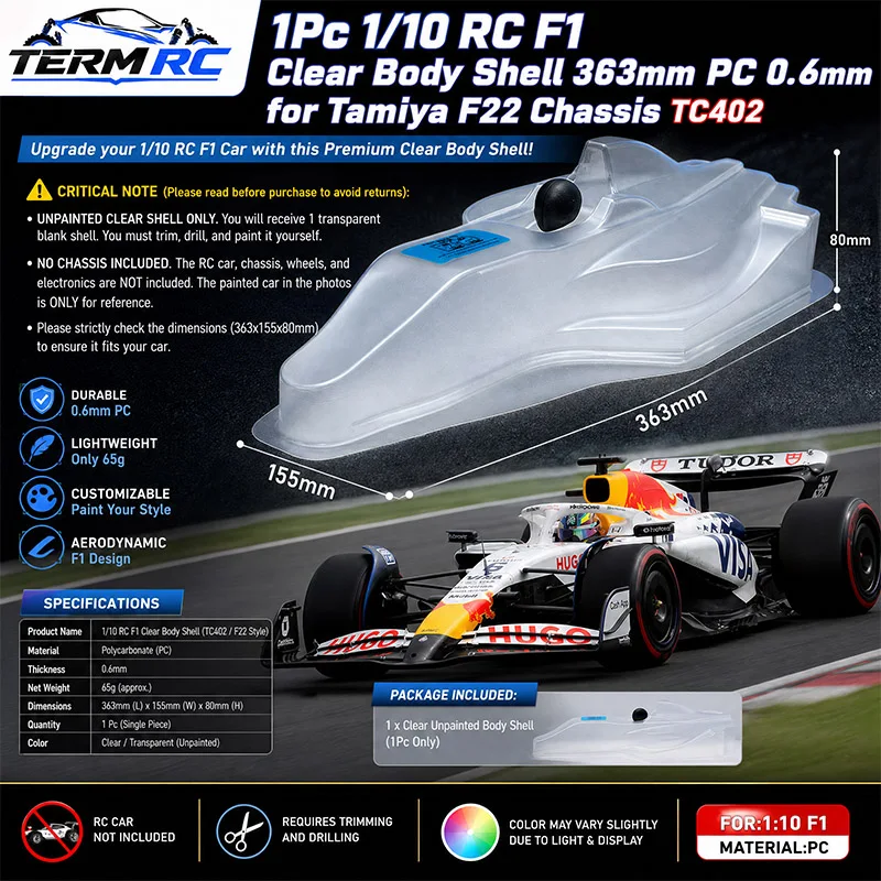 1Pc 1/10 RC F1 Clear Body Shell 363mm PC 0.6mm for Tamiya F22 Chassis TC402