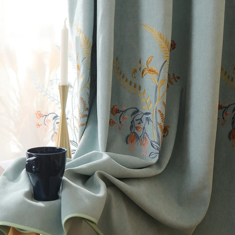 

Embroidered Luxury Curtains Are Used for Living Room Shading Bedroom Modern Simple Solid Color Tulle Blue Windows Kitchen Door