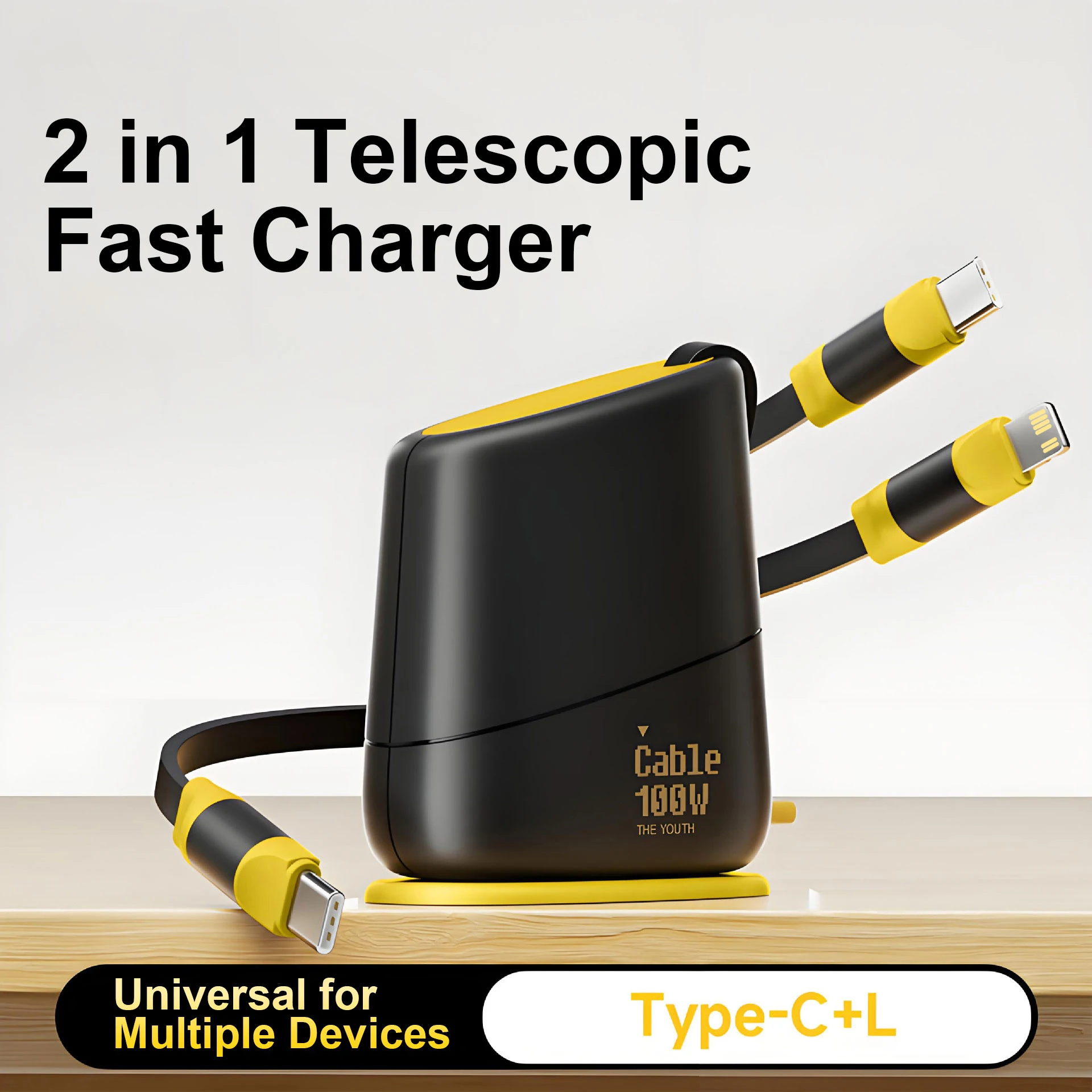 

Многофункциональный кабель для быстрой зарядки USB C, 100 Вт, 2 в 1, выдвижной шнур для настольного компьютера, шнур для зарядного устройства типа C для iPhone 17/16, Samsung Galaxy A17/S22