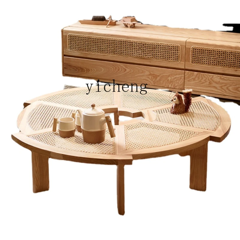 Zk Log Silent Coffee Table round Solid Wood Gear Shaped Light Luxury Household Tea Tray Rattan