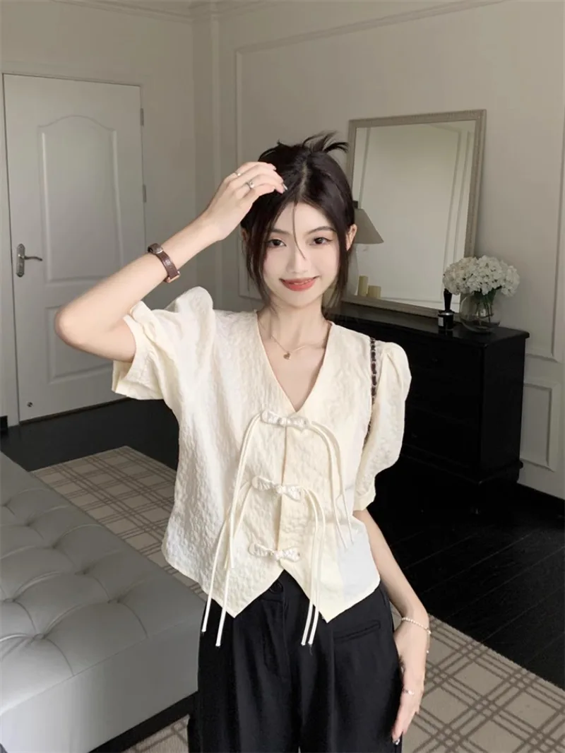 Miiiix New Chinese Style Button Up Short Sleeved Full Shoulder Shirt Women's Summer Slightly Chubby French Slimming Tee Top