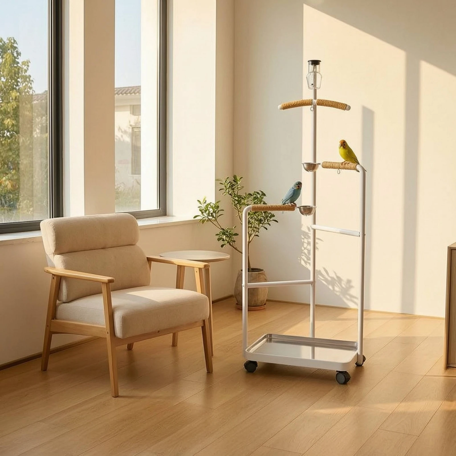 Bird Playstand with Tray Removable Bird Stand with Wheels Parrot Play Gym with Bowls Open-Frame Rack Indoor for out-of-Cage Time