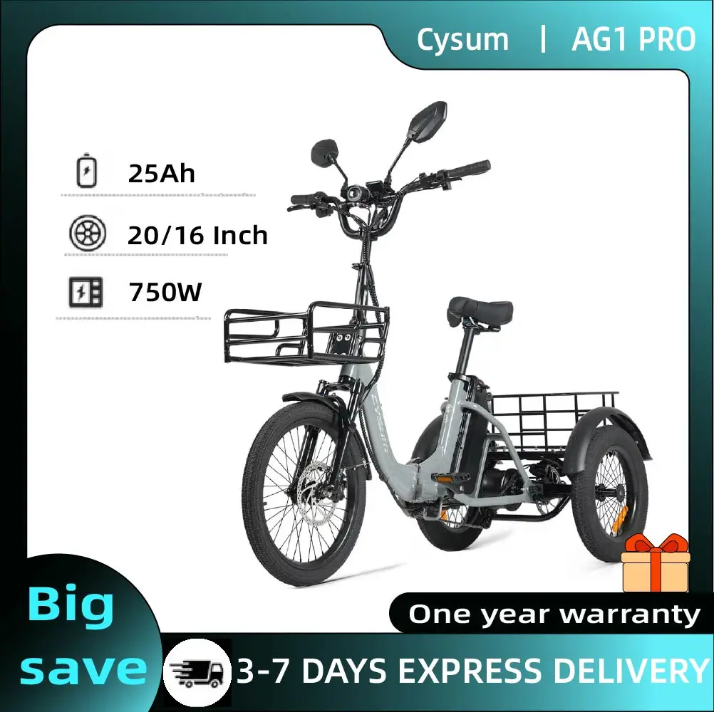 CYSUM AG1 PRO Elektryczny trójkołowiec dla dorosłych, moc 750W, terenowy trójkołowiec elektryczny, składana konstrukcja