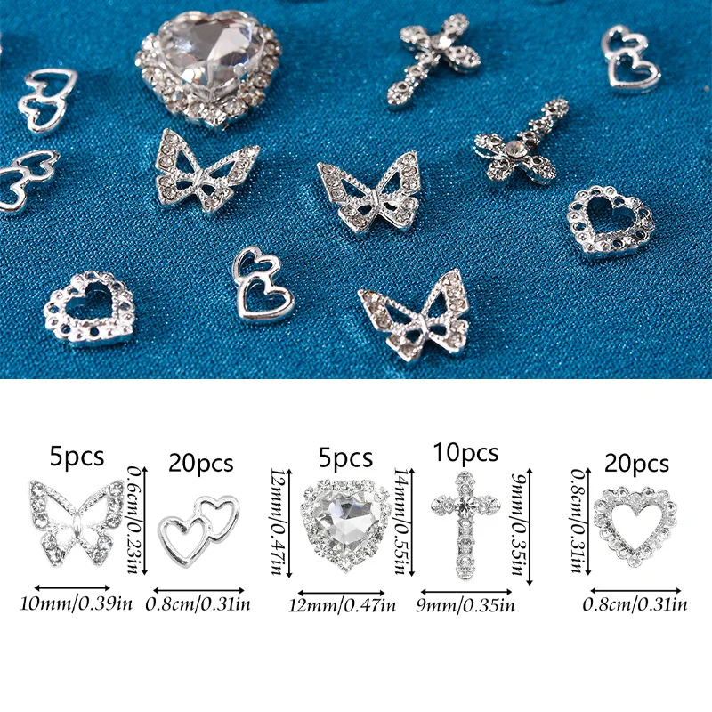 60PCS Silver Nail Charms Crystal Heart Nail Charms 3D Alloy Cross Nail Charms Metal Butterfly Charms Nail Gems Rhinestones view 2