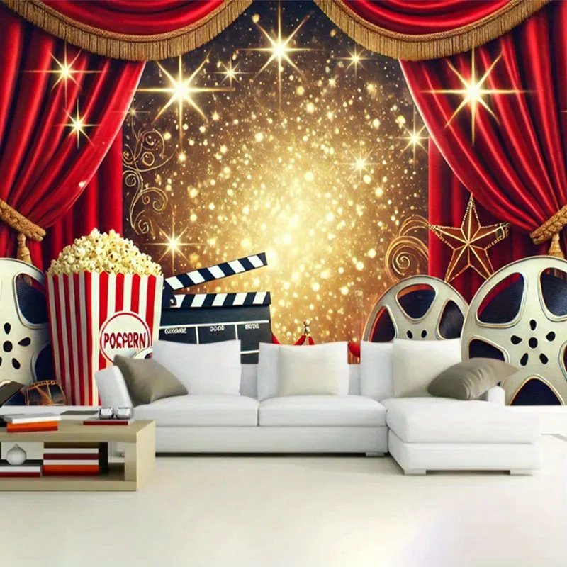 1 cinema party banner - bright red curtains and golden star design, perfect for holiday celebrations