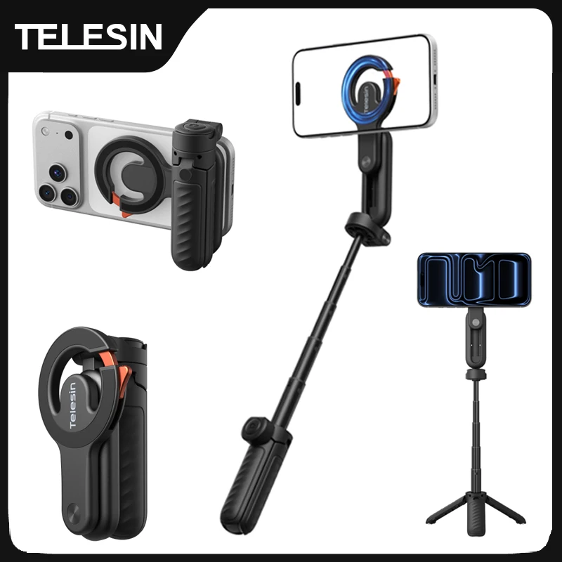 TELESIN Mini Magnetic Carabiner Wireless Shooting Aid Remote Control Hand Grip Phone Holder Selfie Stick Tripod for Smart Phone