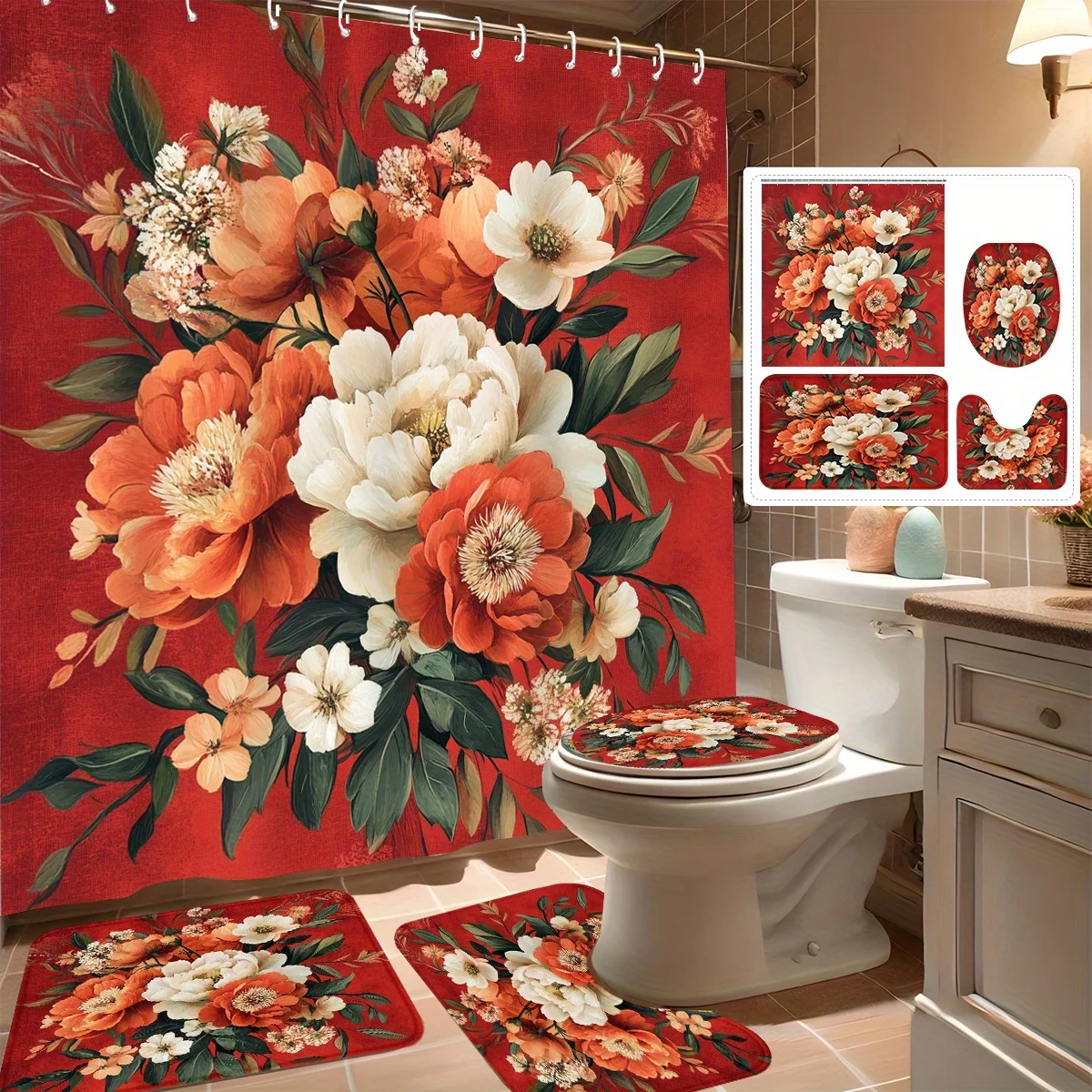 

Набор из 4 занавесок для душа, романтическое красное цветочное искусство, современный декор для ванной комнаты, в комплект входит 12 крючков, нескользящий коврик для ванной, U-образный унитаз