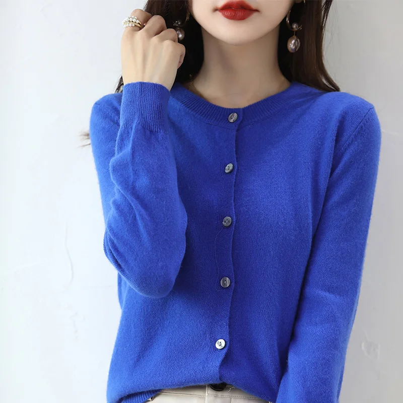 Ladies Cardigan Sweater Wool Coat 22 Spring Autumn New Round Neck Knitted Solid Color Loose Long Sleeve Bottoming Korean Version