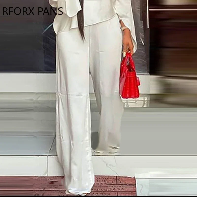 Women Solid Asymmetrical Flared Sleeves One Shoulder Wide Leg White Pants sets