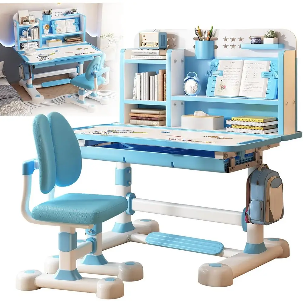 

Height-Adjustable Kids Study Desk and Chair Set with Ergonomic Design, Book Stand, Footrest, and Partition (Blue)